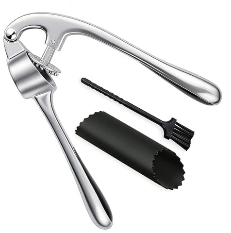 Prensa Ajos Acero Inoxidable Set - Perforación Uniforme para Pasta Fina, Prensador de Ajos Lavable en Lavavajillas, Garlic Press Fácil de Limpiar, con Pelador de Ajos y Cepillo de Limpieza