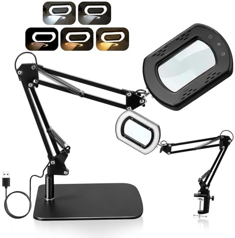 15X Lente Ingrandimento con luce e supporto, lampada d'ingrandimento a LED con Morsetto e Base, Lampada da Tavolo,5 Colore, braccio girevole a 360° per Lettura, Riparazione, Lavoro Manuale