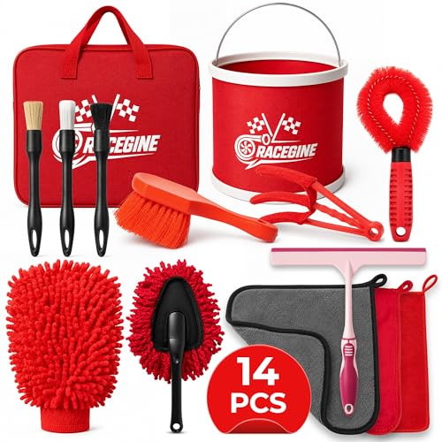 RACEGINE -Kit Limpieza Coche,14 Pcs con Cubo Plegable y Bolsa Organizadora, Kit Limpieza Coche Interior y Exterior, 3 Toallas Microfibra,Cepillo Llantas, Cepillos Detailing y Accesorios Limpieza Coche