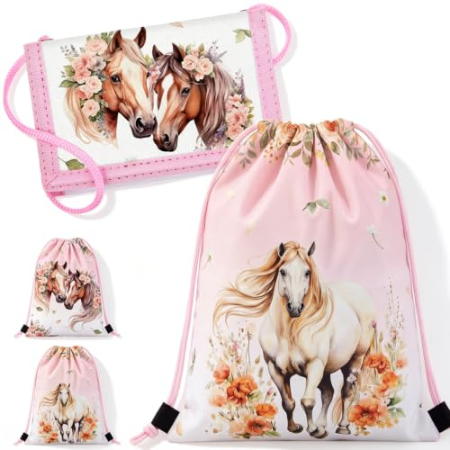 Hestya Riñonera Infantil Bolsa de Deporte Infantil Conjunto Cartera Plegable Triple Bolsa Deportiva Cartera Cruzada para Niños y Niñas Regalo de Vuelta al Cole Navidad(Rosa,Caballo)