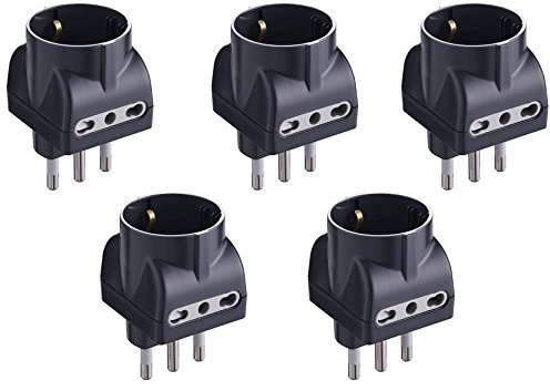 Electraline 92298 Set 5 Adattatori 3 Posti 1 Schuko + 2 Bivalenti 10/16A, Nero, Confezione da 5