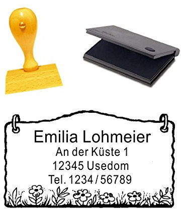 Trästämpel med adress ETIKETT MED BLOMMOR inkl. stämpelkudde – avtrycksstorlek ca : 5 x 3 cm