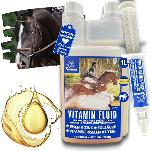 Vitaminas para Caballos + Refuerzo I alimento Mineral para Caballos I vitaminas B I Vitamina E Complejo B12 Hierro Selenio Zinc Vitamina b1 b6 Sistema inmunológico impulsar alimentación yeguas 1L30ml