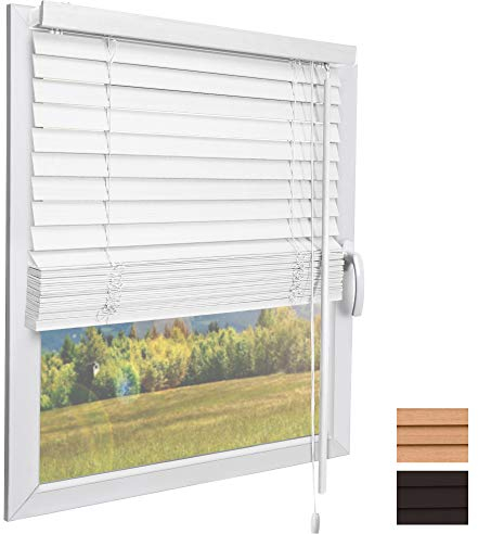 Sol Royal White Wooden Venetian Blinds for Windows 40x130 cm – Easy Fit Darkening Shutter Window Blinds 40cm wide for Bedroom Kitchen Living Room Home Office – JH3