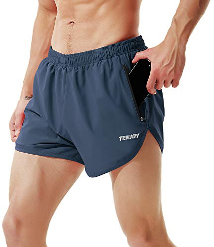 TENJOY, Pantalones cortos de correr para hombre, pantalones cortos deportivos de 8 cm con bolsillo con cremallera, Azul marino, Medium