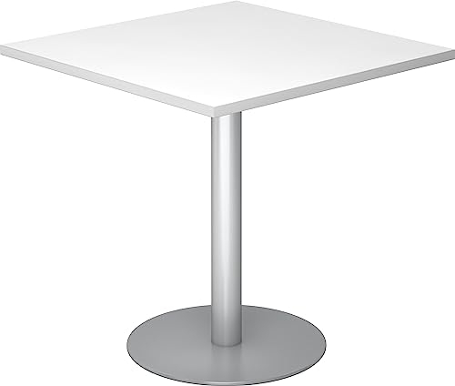 Bümö Besprechungstisch - Kleiner Esstisch 80x80 cm, Eckig, Weiß - Rundtisch für 2 Personen Mit Holz-Platte, Säule Aus Metall in Silber - Konferenztisch, Bistrotisch