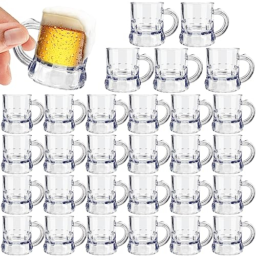 Irrmshr 30 Stück Mini-Bierbecher aus Kunststoff, Schnapsgläser mit Griff, 30 ml, durchsichtig, schwere Basis, für Whisky, Wodka, Tequila, Geburtstag oder Freundesparty, 30 ml