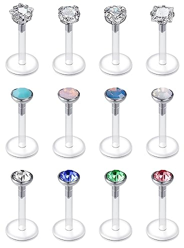 LAURITAMI 12stk Lippenpiercing Labret Stecker Bioflex 8mm 16G Medusa Monroe Flexibel Kunststoff Retainer Piercing Lippe