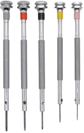 KD89 Horotec MSA01.095 - Set di 5 cacciaviti classici per orologiai in ottone cromato, con punte standard, diametro 0,60-0,80-1,00-1,2-1,4 mm