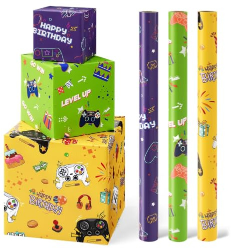 Rollos de Papel de Regalo para Juegos – 3 Rollos 43 cm x 3 m Papel de Regalo de Cumpleaños para Videojuegos para Niños Verde Amarillo con Líneas Cortadas