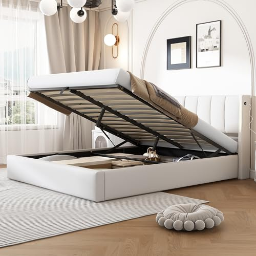 Rtopsu Letto Imbottito Letto Matrimoniale 180x200 cm con USB Type C e LED, Letti con Contenitore, Letti Idraulico con Rete a Doghe e Telaio in Metallo, Testata Regolabile, PU, Bianco, Senza Materasso