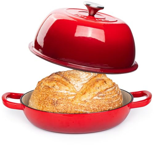 Casseruola in Ghisa Smaltata con Coperchio – Forno Olandese per Pane e Lievitati – Pentola in Ghisa per Cottura del Pane – Rosso, 5.68 Litri, 22cm – by Nuovva