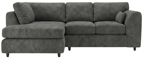 Gamzo L Shaped Sofa with Plush Velvet Fabric – Stylish Durable Wooden Frame, Full Back Seating, Comfort Cushions & Smooth Curved Arms | Left Hand Facing Couch for Living Room (Dark Grey)