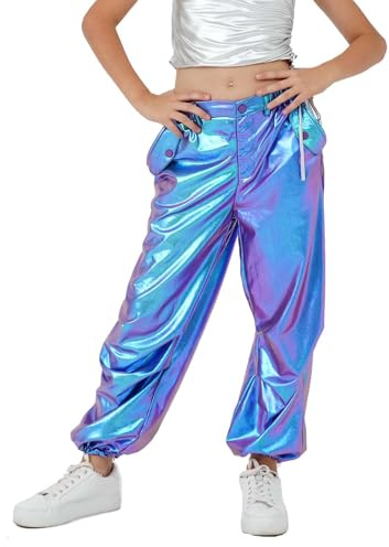 LOLANTA Bambini Pantaloni in Pelle Metallizzata Lucida Retro Pantaloni da Ballo Hip Hop Pantaloni Cargo Allentati Vita Elastica Streetwear, Blu Viola, 8-9 Anni, 140