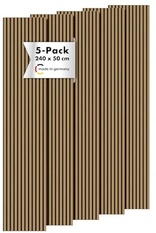 Momento 5 Stück Akustikpaneele Holz 240x50 cm - Made in Germany - Eiche Geölt Dekor - Wandverkleidung Wandpaneele Holz Eiche als 3D Lamellenwand für effektiven Schallschutz - Holzpaneele