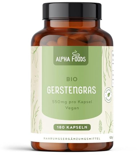Bio Gerstengras Kapseln – Hochdosiert mit 1650 mg je Tagesdosis – 180 Vegane Kapseln – Laborgeprüft & Made in Deutschland – Alpha Foods