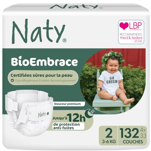 Naty BioEmbrace Baby Newborn Diapers | Sensitive Skin Safe Certified | Leak Protection up to 100% | Plant-Based Teddy Softness, Premium Comfort | Chlorine-Free | Size 2 (6–13 lbs), 132 Count