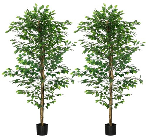 HOMCOM Set med 2 konstgjorda växter konstgjorda träd, ficus, höjd 1,80 m, stam, grenar, liana, löv, stor realism, kruka ingår, inomhus, grön