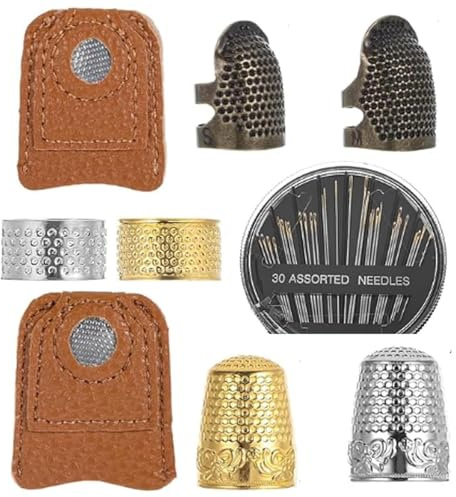 Alriedy 9-teiliges Fingerhut-Set mit Leder-Fingerhutring, verstellbarem Metall-Fingerhutring, Fingerschutz-Fingerhut, geeignet für Handnähen, Sticken und Quilten, ideal für Anfänger
