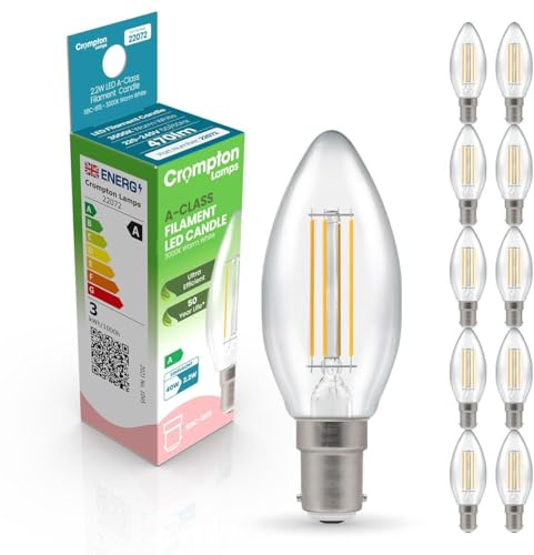 Crompton Lamps LED Ultra-Efficient Candle 2.2W SBC-B15d A-Class (10 Pack) (40W Equivalent) 3000K Warm White Clear 470lm SBC Small Bayonet B15 Energy Efficient Filament A-Rated Multipack Light Bulbs