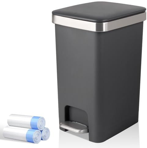 Small Bathroom Trash Can with Lid and 3 Rolls Trash Bags, Step Pedal Wastebasket Plastic Garbage Can with Pop-Up Lid 2.6 Gallon Bin for Kitchen, Bedroom, Office, Dorm, Laundry, Toilet, Rv,Dark Grey