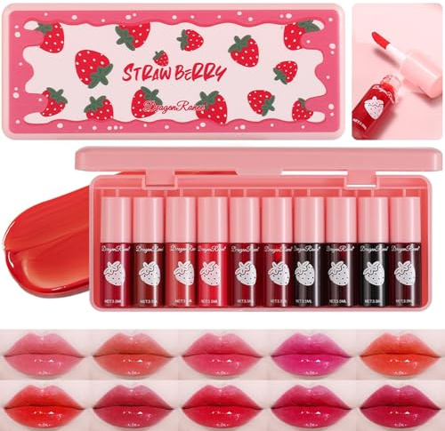 MooGlamor 10 Pcs Lip Tint Set Cute Glossy Lip Stains and Matte Lipsticks with Long-lasting and Quick-drying Mini Lip Gloss Lipstick for Makeup Gift (Strawberry Lip Gloss)