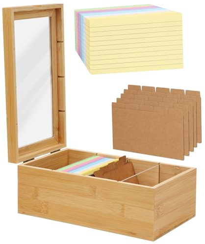 mumisuto Index Card Holder 3x5,Index Card Organiser Case with 300 Lined Index Cards,Wood Recipe Box Card File Storage Box,Flashcard Notecard Holders for Flash Cards Business School Office (L)