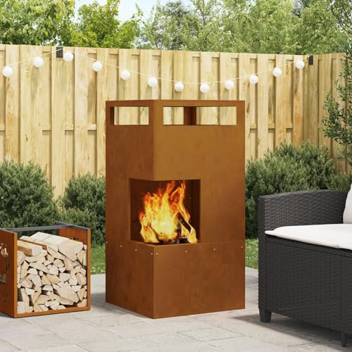 BARULUOAKLIFE Focolare Rustico da Esterno in Acciaio Corten, Design Industriale Rettangolare Marrone, Focolare Aperto per Giardino e Patio, 50 x 50 x 100 cm, Finitura Invecchiata