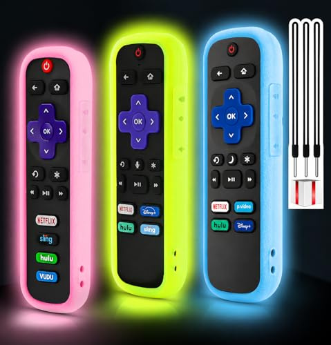 3-pack fjärrskydd för Roku, fjärrkontrollfodralet är kompatibelt med Roku Voice Remote Official, silikon universal skyddande kontrollfodral för Roku TV-fjärrkontroll lyser i mörkgult, blått, rosa