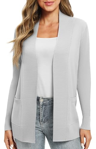 EXCHIC Leicht Damen Lange Ärmel V-Ausschnitt Lange Gestrickt Cardigan Gemütlich Offene Front Strickjacke mit Taschen (XXL, Hellgrau)
