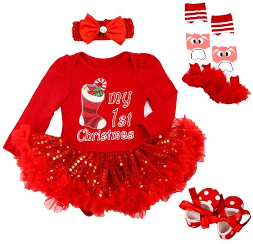 Tenue de Premier Noël pour bébé Fille Barboteuse Tutu Jupe de Noël avec Chaussures Bandeau et jambières
