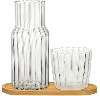 BFYDOAA Carafe à eau de chevet et tasse en verre, carafe de chevet de 590 ml avec gobelet et palette en bois pour chambre d'amis, salle de bain, salon