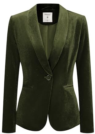 Allegra K Women's Velvet Blazer Plain Shawl Collar Button Velvet Office Coat, Olive Green, XL