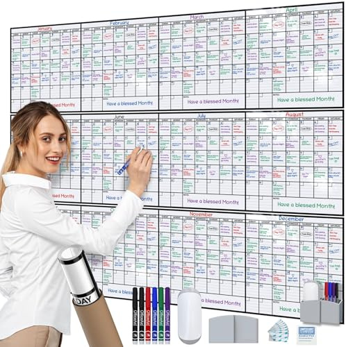 Dry Erase Year Calendar for Wall 45x55, Family Office Undated Yearly Annual Large, 12 Giant Erasable Month Wall Classroom, Rolled Whiteboard White Board, for Calendar Dry Planner Erase Reusable