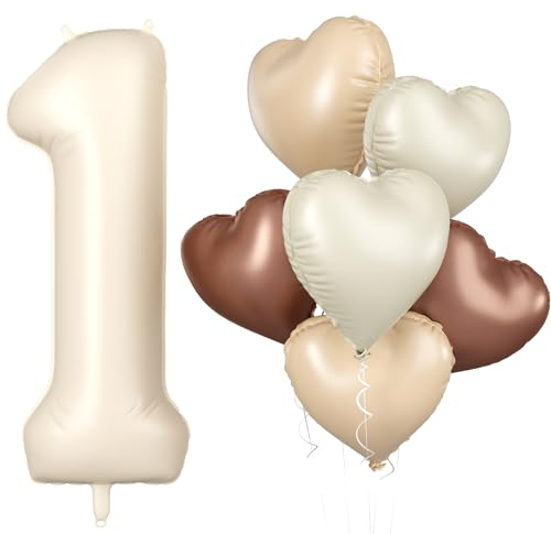 Biapian 40 Inch Cream White Number 1 Balloons, Beige White Large Number One Balloon with Cream Foil Heart Balloons for 1st Birthday Decorations First One Year Boys Girls Baby Shower Party Decor