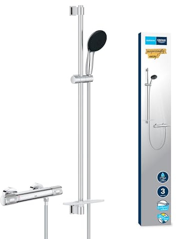 GROHE Precision Feel Mitigeur Thermostatique Douche, Ensemble de Douche 3 jets avec barre 90cm et Tablette, Economie d'eau, Chromé, 34853001