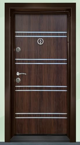 Porta Blindata d’Ingresso Design Moderno Colore Marrone Effetto Legno e Dettagli in Alluminio con Spioncino PL50 (Interna destra)