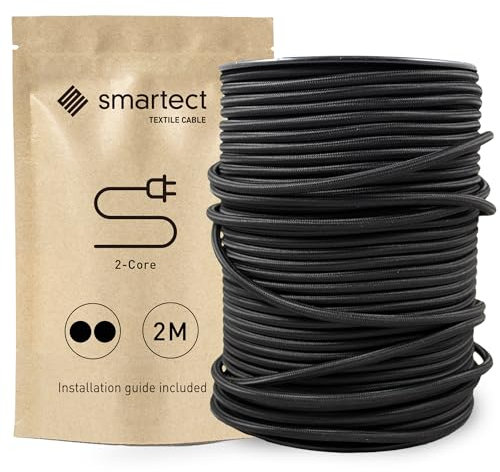 smartect Cable Textil en Color Negro, Cable Electrico 2 Hilos de 2 Metros (2 x 0,75 mm²) Cuerda para Lampara con Revestimiento Textil para su Proyecto DIY