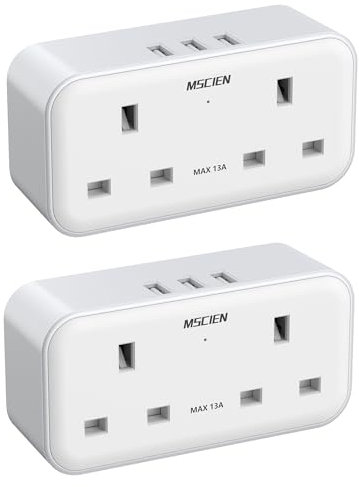 Plug Adapter with 3 USB (2 Pack), Mscien Multi Plug Extension Socket, Double Plug Adaptor with Dual 2 Pin Socket at The Bottom, 13A UK Multiplug Extender, Wall Charger Power Socket for Home Office