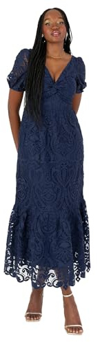 Maya Deluxe Women's Midi Dress Ladies V-Neck Short Puff Sleeves Twist Front Lace Tiered Bottom Hemline A-Line Wedding Guest Occasion Vestido, Azul Marino, 34 para Mujer