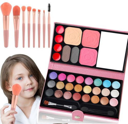 Trucchi per Bambine Set, Trucchi bambina, lavabile,33 colori, giocattoli per il trucco per bambini, con 8 pennelli lavabili, spettacoli teatrali, Halloween, feste di compleanno, set di bellezza regalo