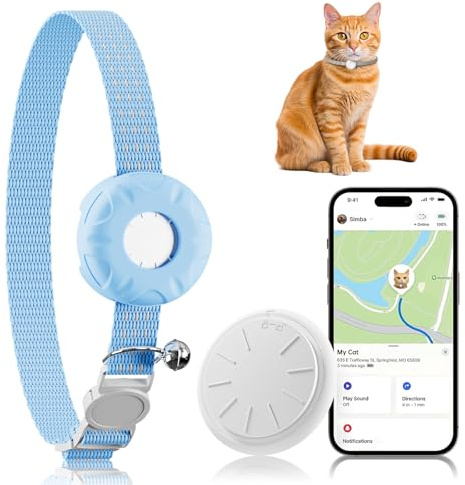 Cat Tracker, GPS Tracker Compatible with Apple Find My App(Only iOS), Waterproof Cat Trackers Collar with Bell and Safety Elastic Buckle,No Monthly Fee,Territory & Location History, Smart Alerts, Blue