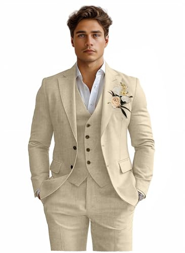 Linen Mens Suits 3 Piece Slim Fit Tuxedo Suit for Men Beach Wedding Formal Business Suit Groom Prom Set Outfits, Champagne, XL