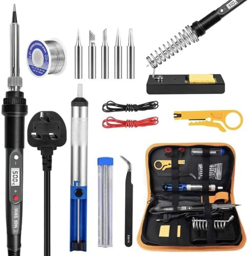 Soldering Iron Kit,80W LCD Adjustable Temperature Soldering Iron Gun Kit 180-520°C,15 in 1 Electric Welding Tool,Solder Wire,5 Soldering Tips,Desoldering Pump,Wire Stripper Cutter,Stand,Tweezer