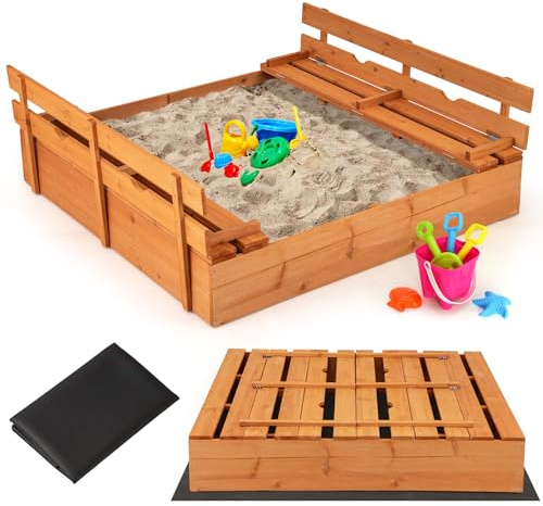 COSTWAY Sandkasten mit Sitzbänken, 120x120 cm Sandkiste Holz, Sandbox mit Deckel & Bodenvlies, Kinder Sandkasten Outdoor, für Garten, Balkon, Terrasse