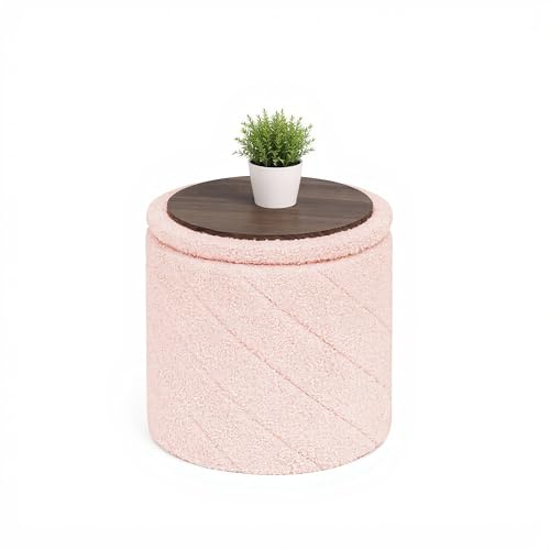 Bonlife Round Ottoman Stool with Storage, Folding Footstool with Lid,Boucle Vanity Stool for Living Room,Bedroom,Entryway,Pink,33x33x35cm