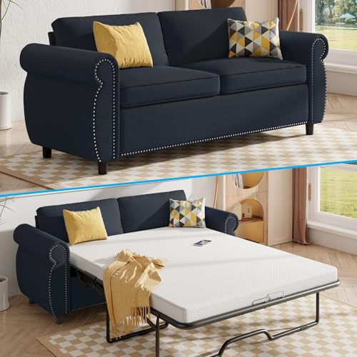 Mjkone Full Size Pull Out Sofa Bed, 2-in-1 Convertible Sleeper Couch Beds with 3.2” Foam Mattress and Nailhead Armrests, Loveseat Sleeper Sofa Bed for Living Room Guest Room Small Space, Dark Gray