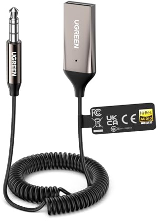 UGREEN Aux Bluetooth 6.0 Adapter LDAC Auto Bluetooth Empfänger mit Hi-Res Gold Zertifizierung für Sprachanrufe und drahtlose Musikwiedergabe, kompatibel mit 3,5mm Autolautsprechern und Verstärkern