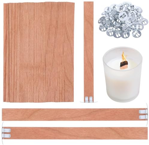 Qianyu 120 Pcs Wood Wicks for Candles Making Smokeless Wooden Wicks 5.1 X 0.5 Inches Thickened Wax Wick with Metal Base for Paraffin Candle Soy Wax DIY Candlemaking, Easy to Burn, Long Lasting Flame