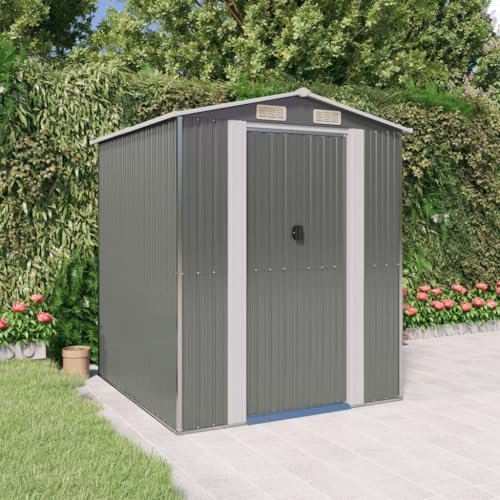 KKHOMEI Casetta da Giardino 192x191x223cm, Capanno per Attrezzi da Giardino, Casetta per Attrezzi con Doppie Porte Scorrevoli, Tetto Inclinato, per Porta Attrezzi, Tosaerba, Grigio Chiaro